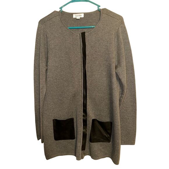 Calvin Klein Gray Zip Long Sweater with Black Leather Pockets Size Medium - Picture 2 of 8